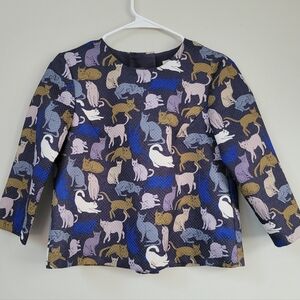 H&M Crop Cat Blue Boxy Top Women's Size 4 Artsy Eclectic Maximalism Retro